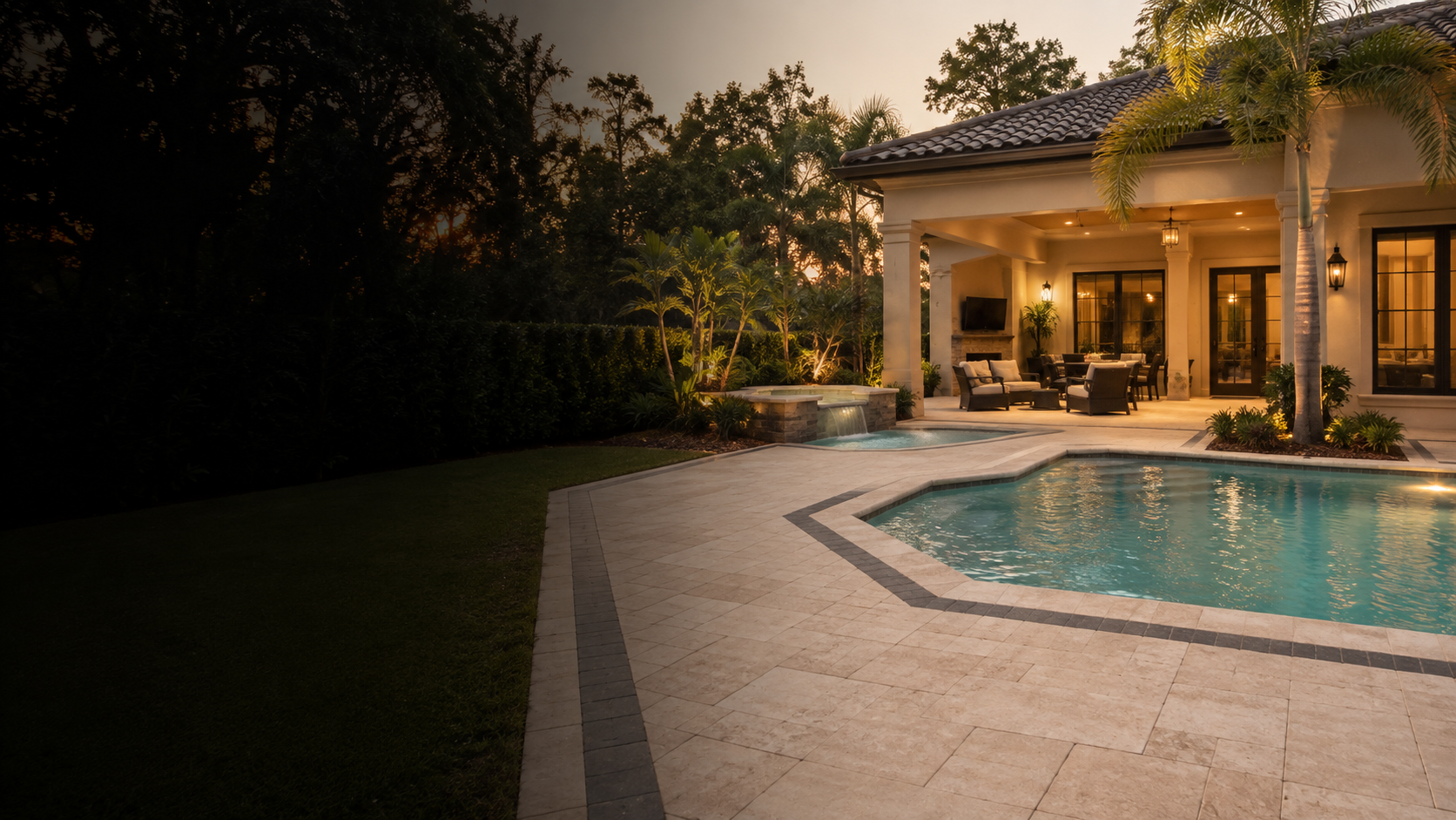 Luxury Florida swimming pool surrounded by a pale paver deck