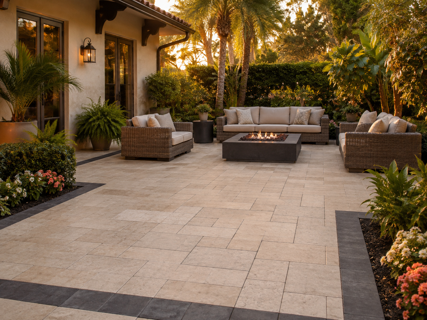 Paver patio and courtyard with outdoor seating and tropical landscaping